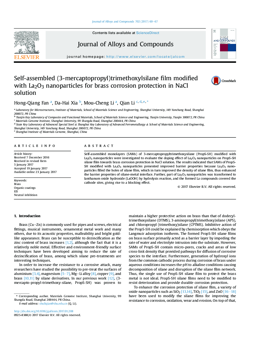 Self-assembled (3-mercaptopropyl)trimethoxylsilane film modified with La2O3 nanoparticles for brass corrosion protection in NaCl solution