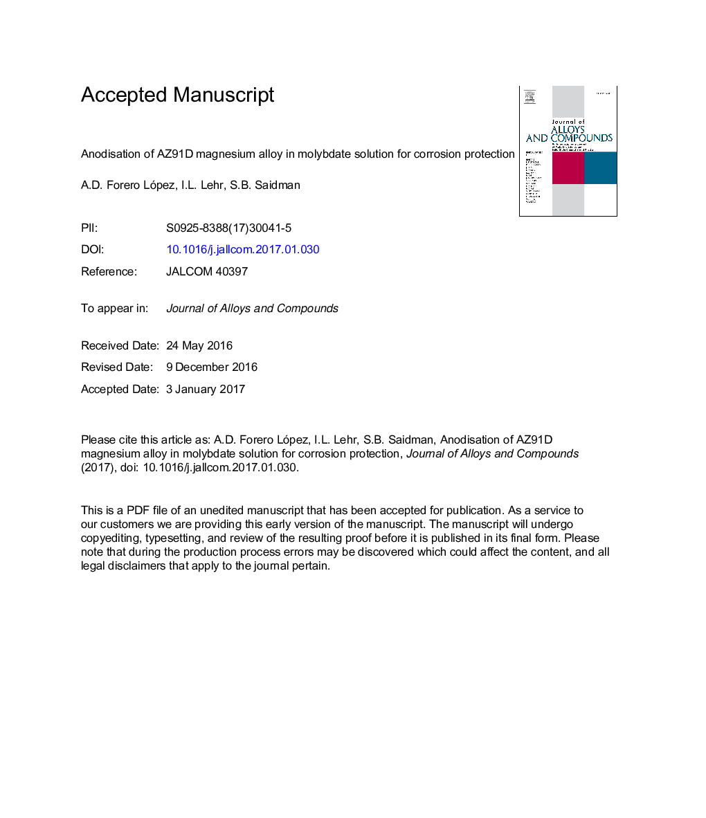 Anodisation of AZ91D magnesium alloy in molybdate solution for corrosion protection