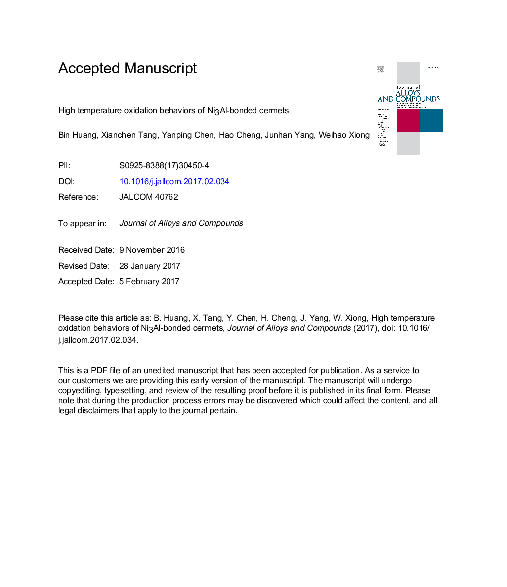 High temperature oxidation behaviors of Ni3Al-bonded cermets