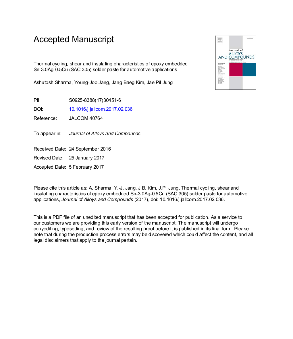 Thermal cycling, shear and insulating characteristics of epoxy embedded Sn-3.0Ag-0.5Cu (SAC305) solder paste for automotive applications