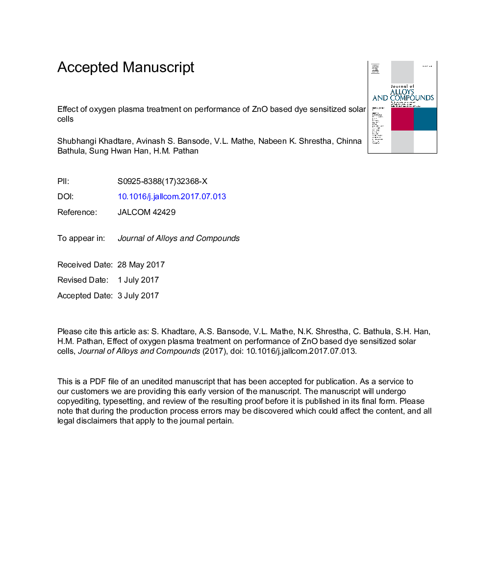 Effect of oxygen plasma treatment on performance of ZnO based dye sensitized solar cells