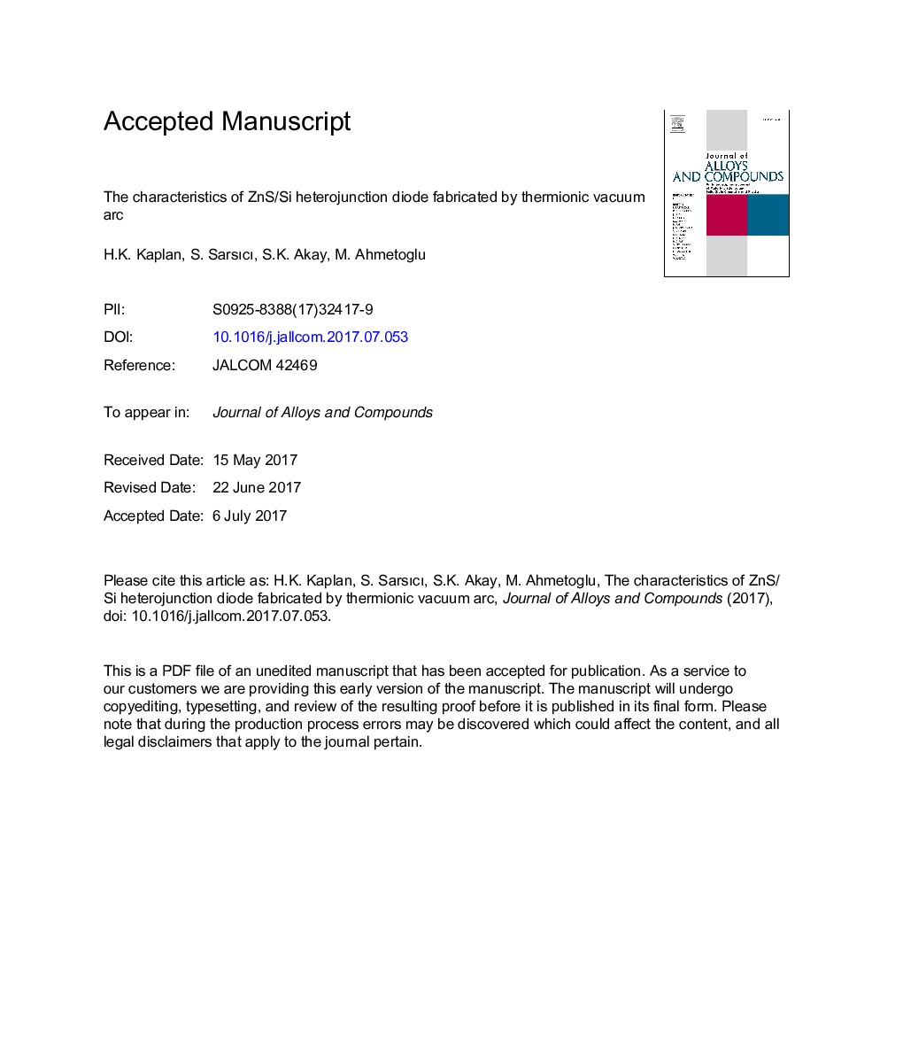 The characteristics of ZnS/Si heterojunction diode fabricated by thermionic vacuum arc