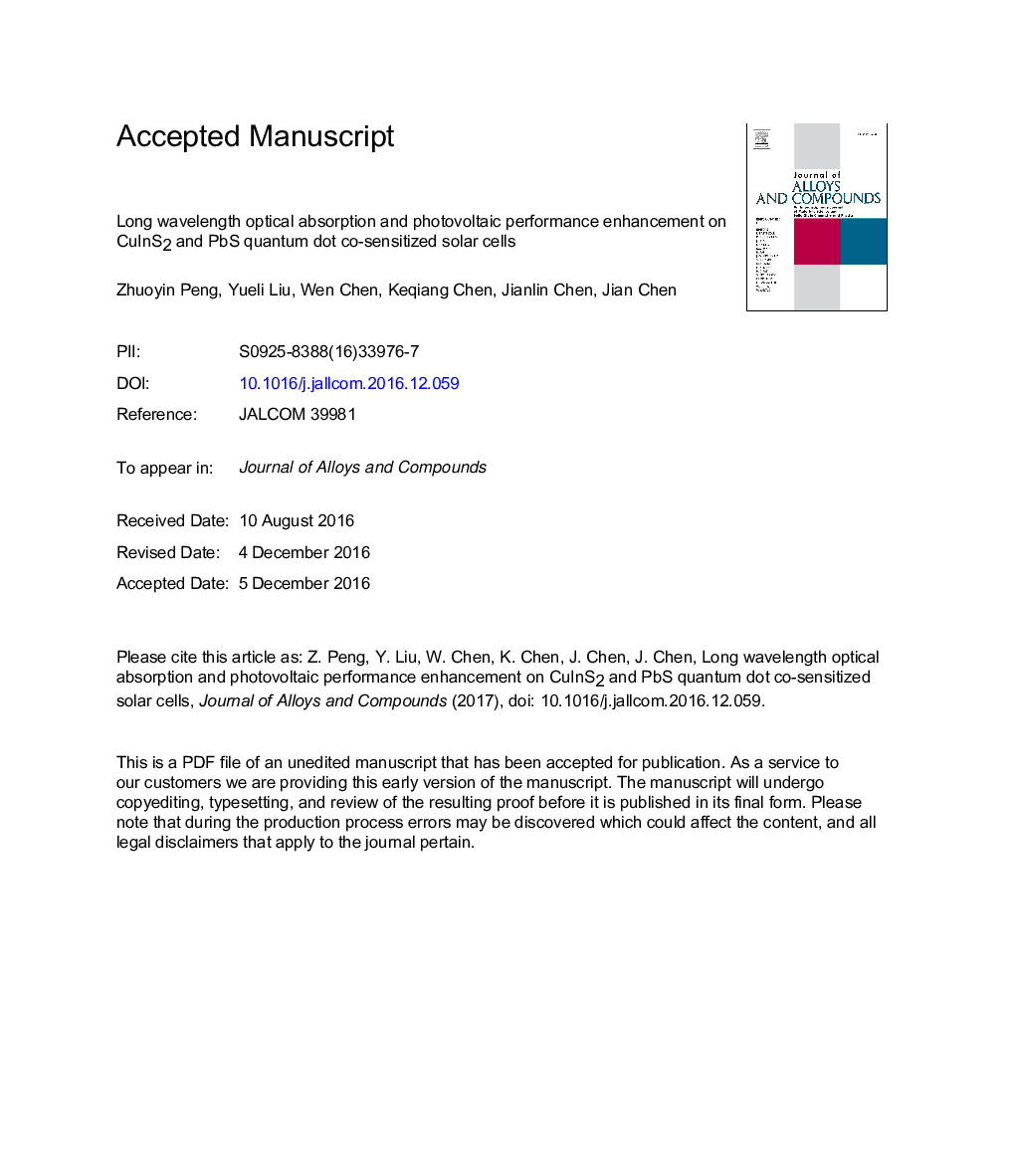 Long wavelength optical absorption and photovoltaic performance enhancement on CuInS2 and PbS quantum dot co-sensitized solar cells