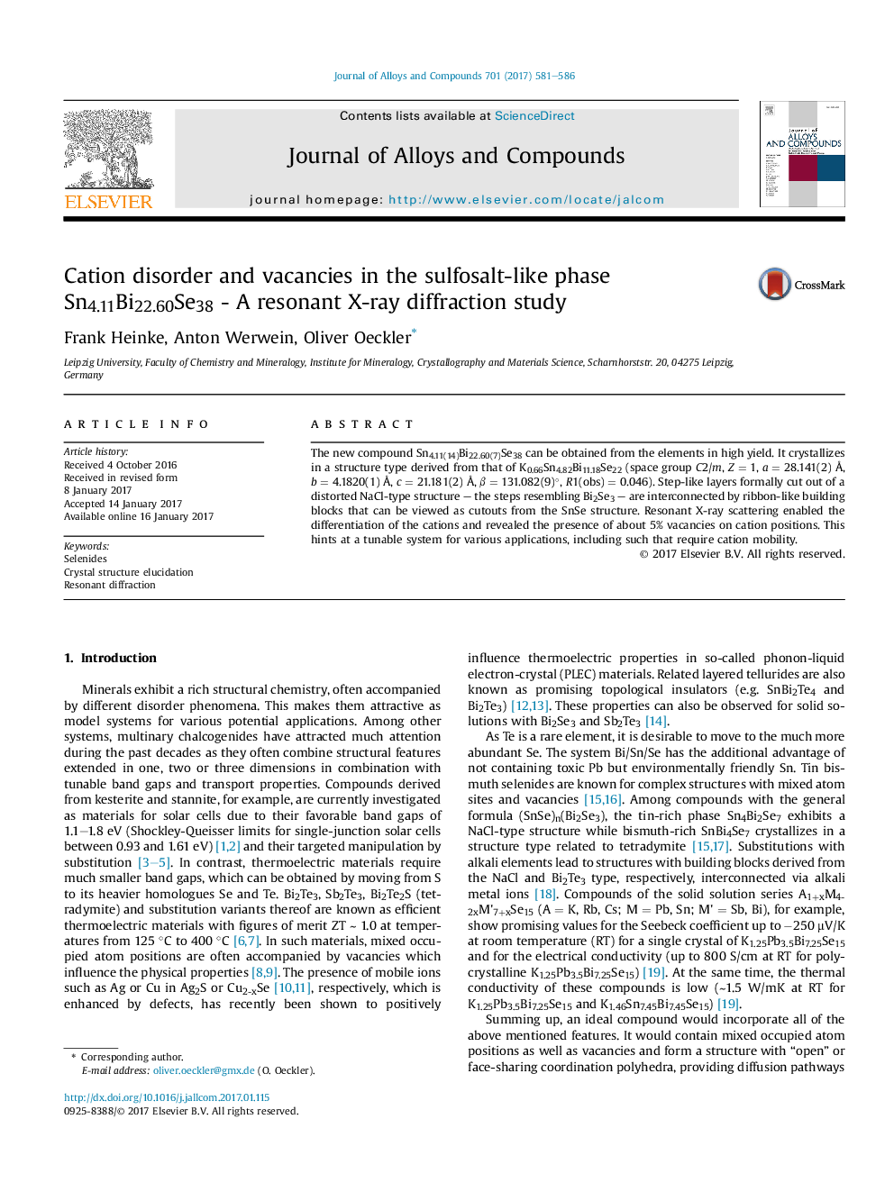 عکس صفحه اول مقاله: Cation disorder and vacancies in the sulfosalt-like phase Sn4.11Bi22.60Se38 - A resonant X-ray diffraction study Cation disorder and vacancies in the sulfosalt-like phase Sn4.11Bi22.60Se38 - A resonant X-ray diffraction study