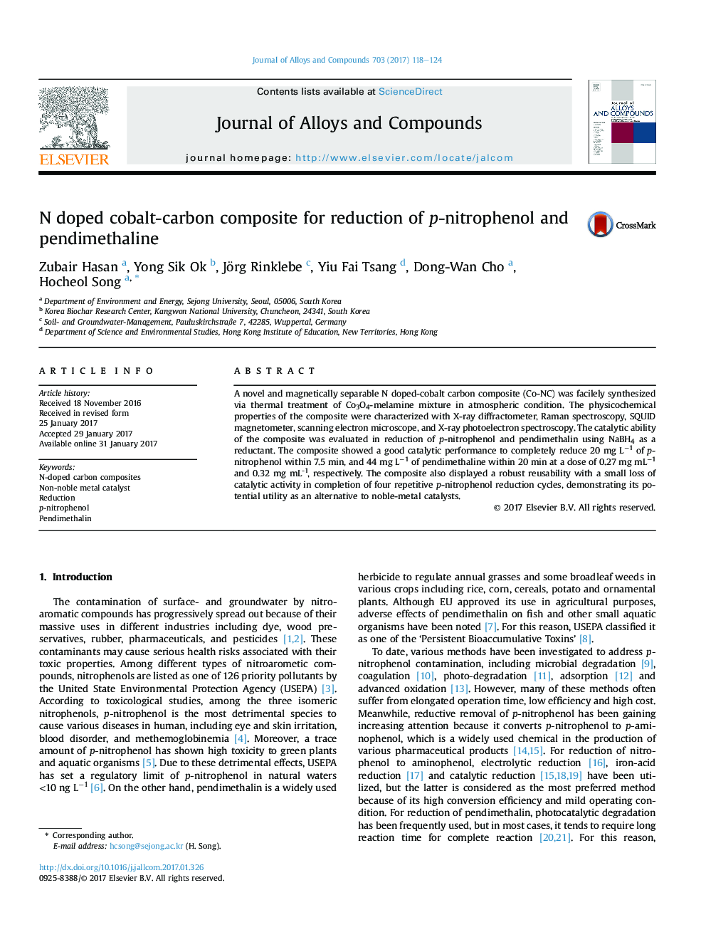 N doped cobalt-carbon composite for reduction of p-nitrophenol and pendimethaline