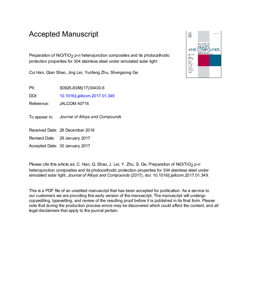 Preparation of NiO/TiO2p-n heterojunction composites and its photocathodic protection properties for 304 stainless steel under simulated solar light