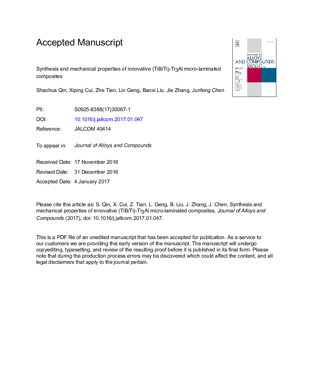 عکس صفحه اول مقاله: Synthesis and mechanical properties of innovative (TiB/Ti)-Ti3Al micro-laminated composites Synthesis and mechanical properties of innovative (TiB/Ti)-Ti3Al micro-laminated composites