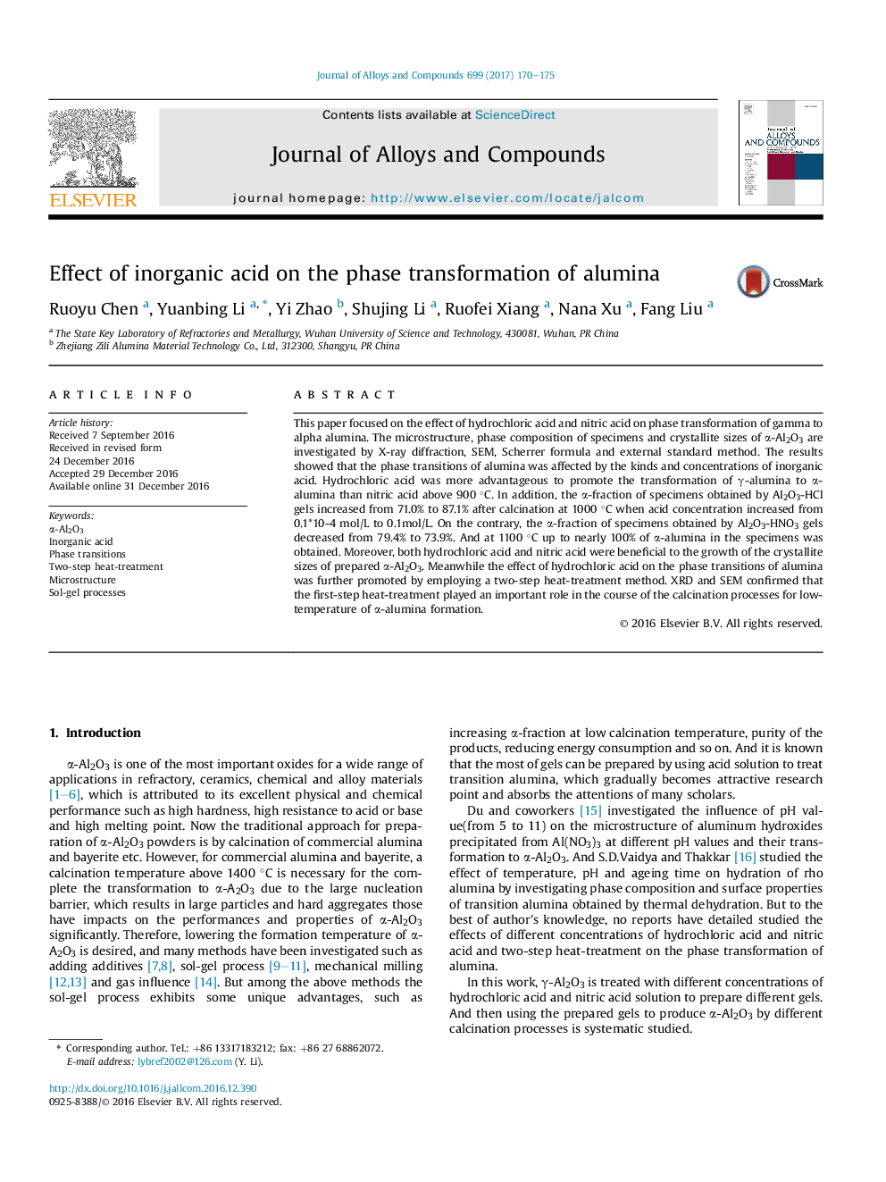 Effect of inorganic acid on the phase transformation of alumina