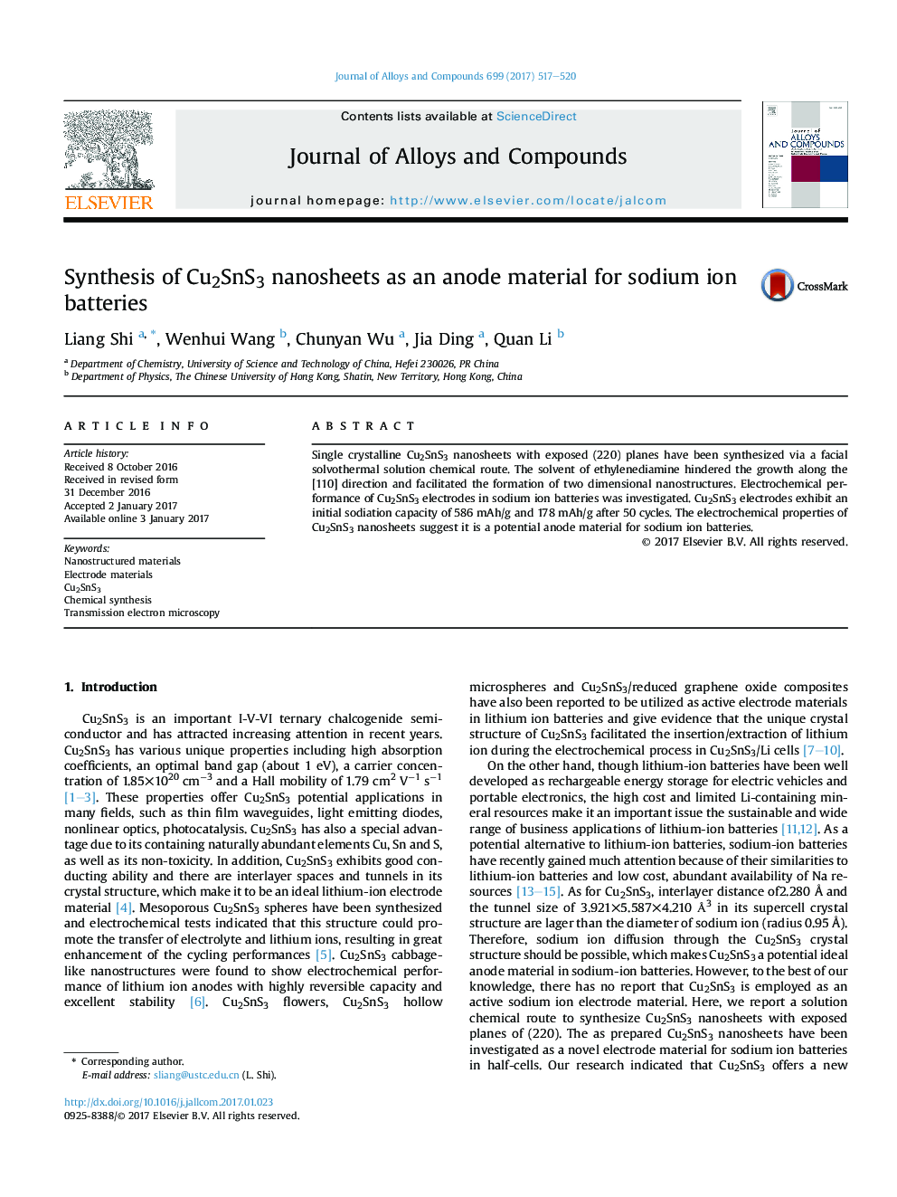 Synthesis of Cu2SnS3 nanosheets as an anode material for sodium ion batteries