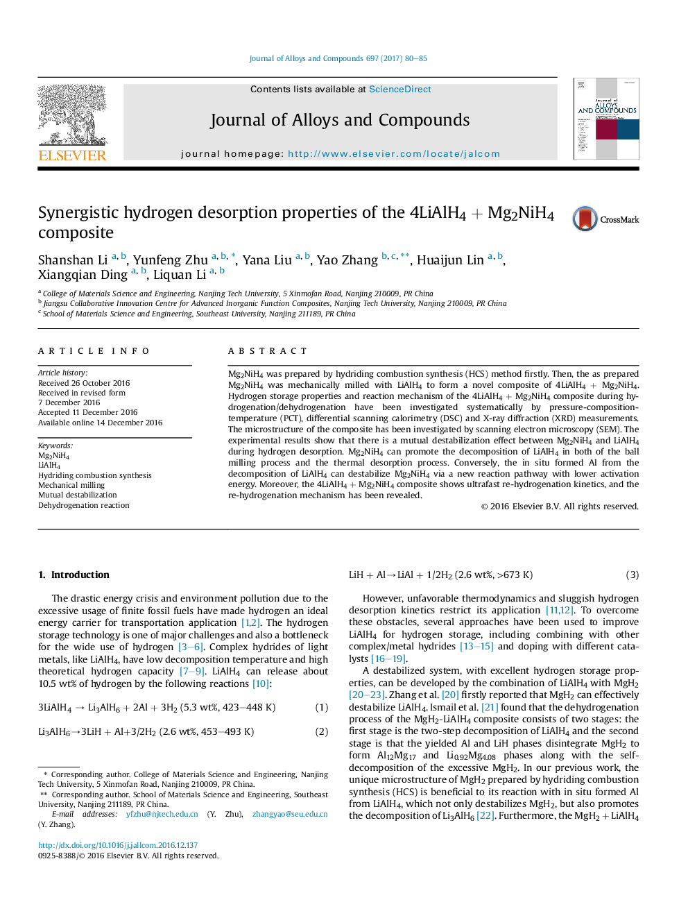 Synergistic hydrogen desorption properties of the 4LiAlH4Â +Â Mg2NiH4 composite