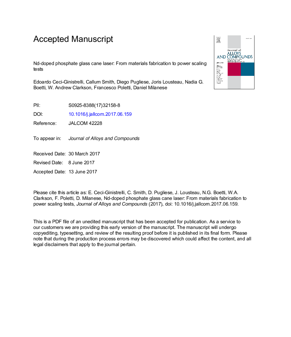 Nd-doped phosphate glass cane laser: from materials fabrication to power scaling tests