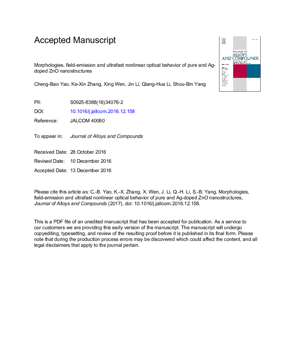 عکس صفحه اول مقاله: Morphologies, field-emission and ultrafast nonlinear optical behavior of pure and Ag-doped ZnO nanostructures Morphologies, field-emission and ultrafast nonlinear optical behavior of pure and Ag-doped ZnO nanostructures
