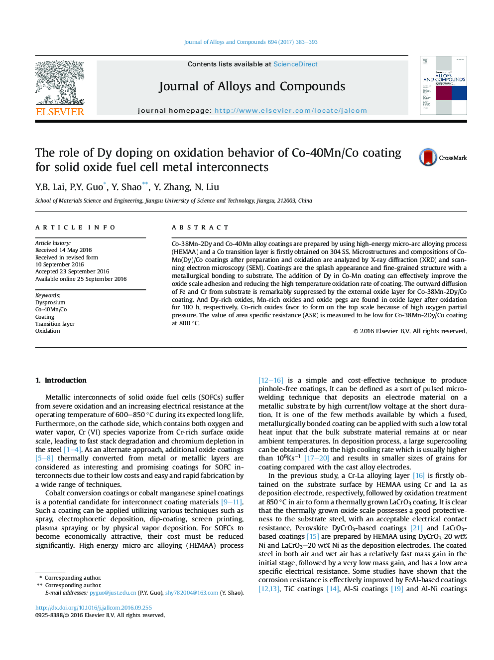 The role of Dy doping on oxidation behavior of Co-40Mn/Co coating for solid oxide fuel cell metal interconnects