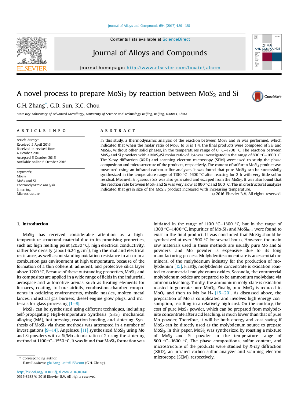 A novel process to prepare MoSi2 by reaction between MoS2 and Si