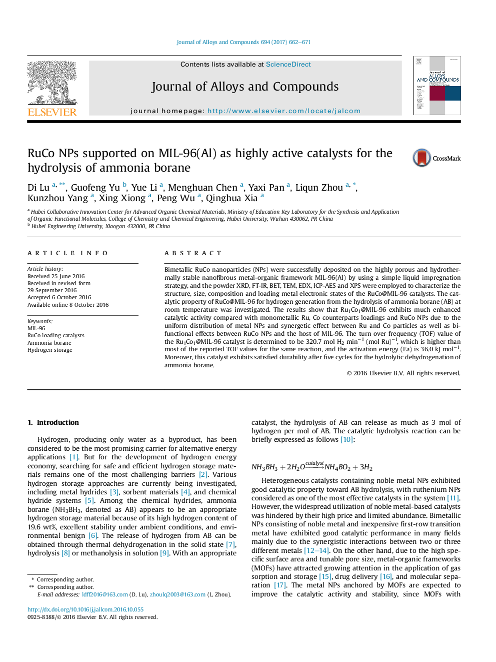 RuCo NPs supported on MIL-96(Al) as highly active catalysts for the hydrolysis of ammonia borane