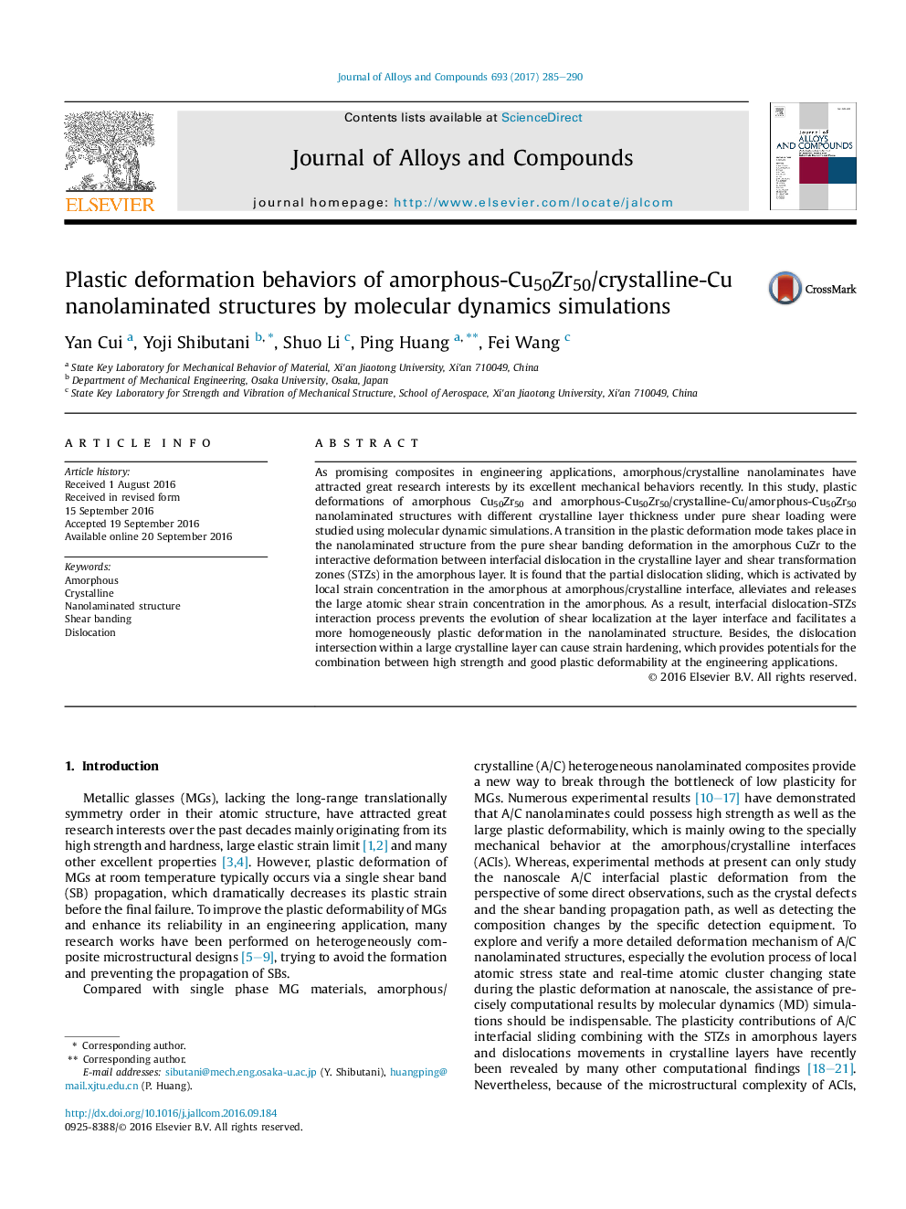 عکس صفحه اول مقاله: Plastic deformation behaviors of amorphous-Cu50Zr50/crystalline-Cu nanolaminated structures by molecular dynamics simulations Plastic deformation behaviors of amorphous-Cu50Zr50/crystalline-Cu nanolaminated structures by molecular dynamics simulations