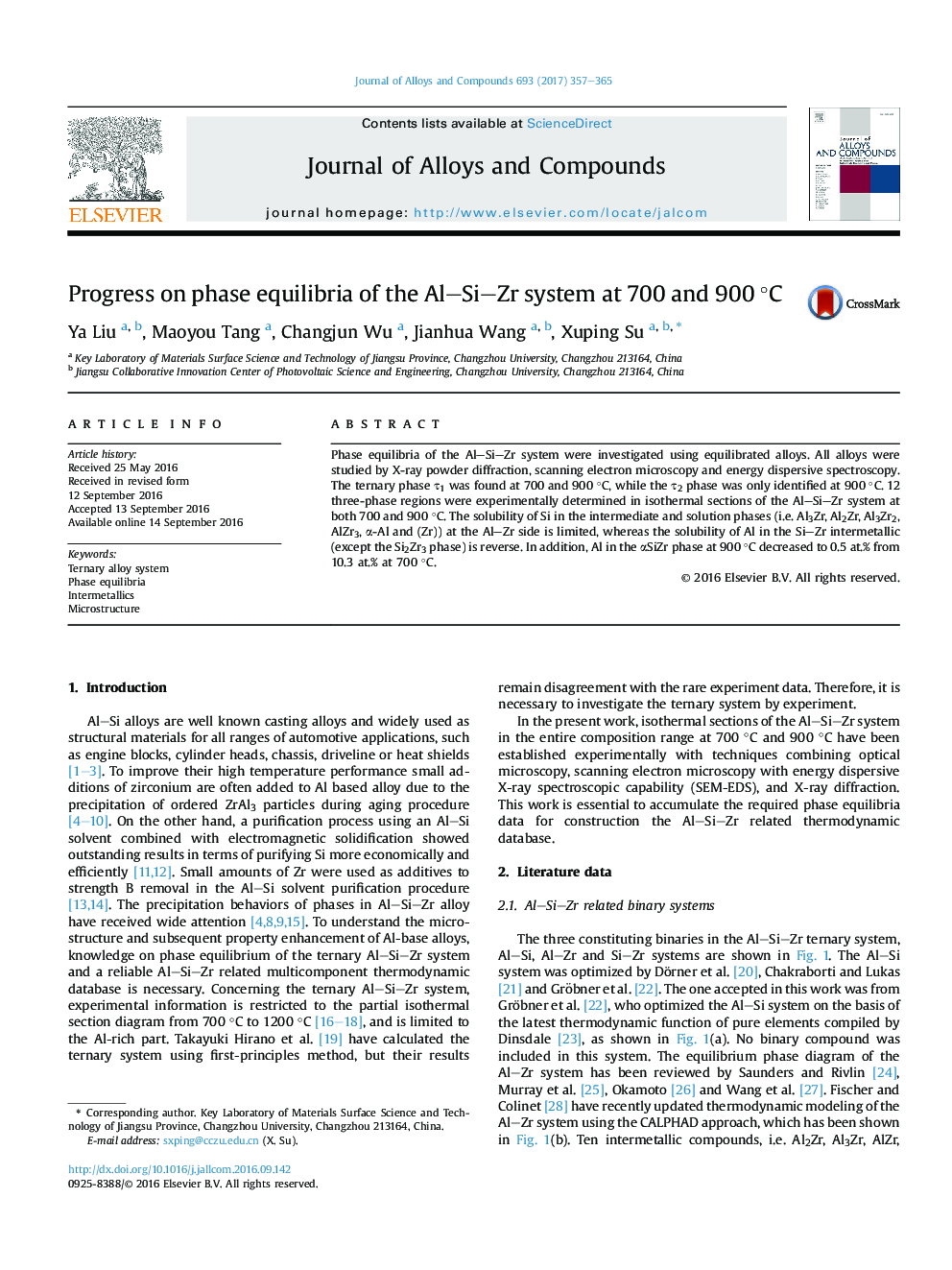 Progress on phase equilibria of the AlSiZr system at 700 and 900Â Â°C