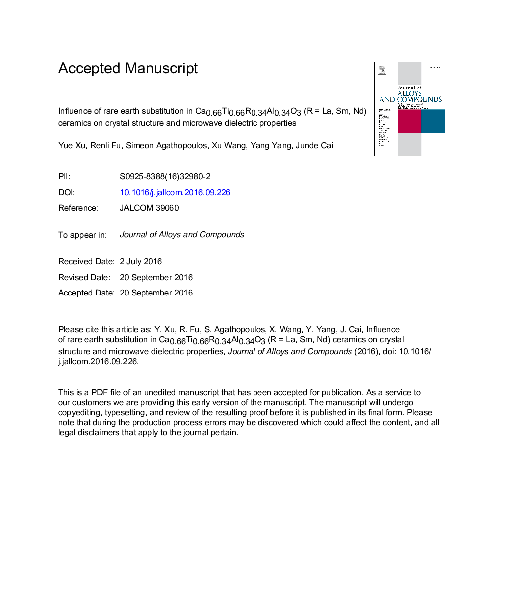 Influence of rare earth substitution in Ca0.66Ti0.66R0.34Al0.34O3 (RÂ =Â La,Â Sm, Nd) ceramics on crystal structure and microwave dielectric properties