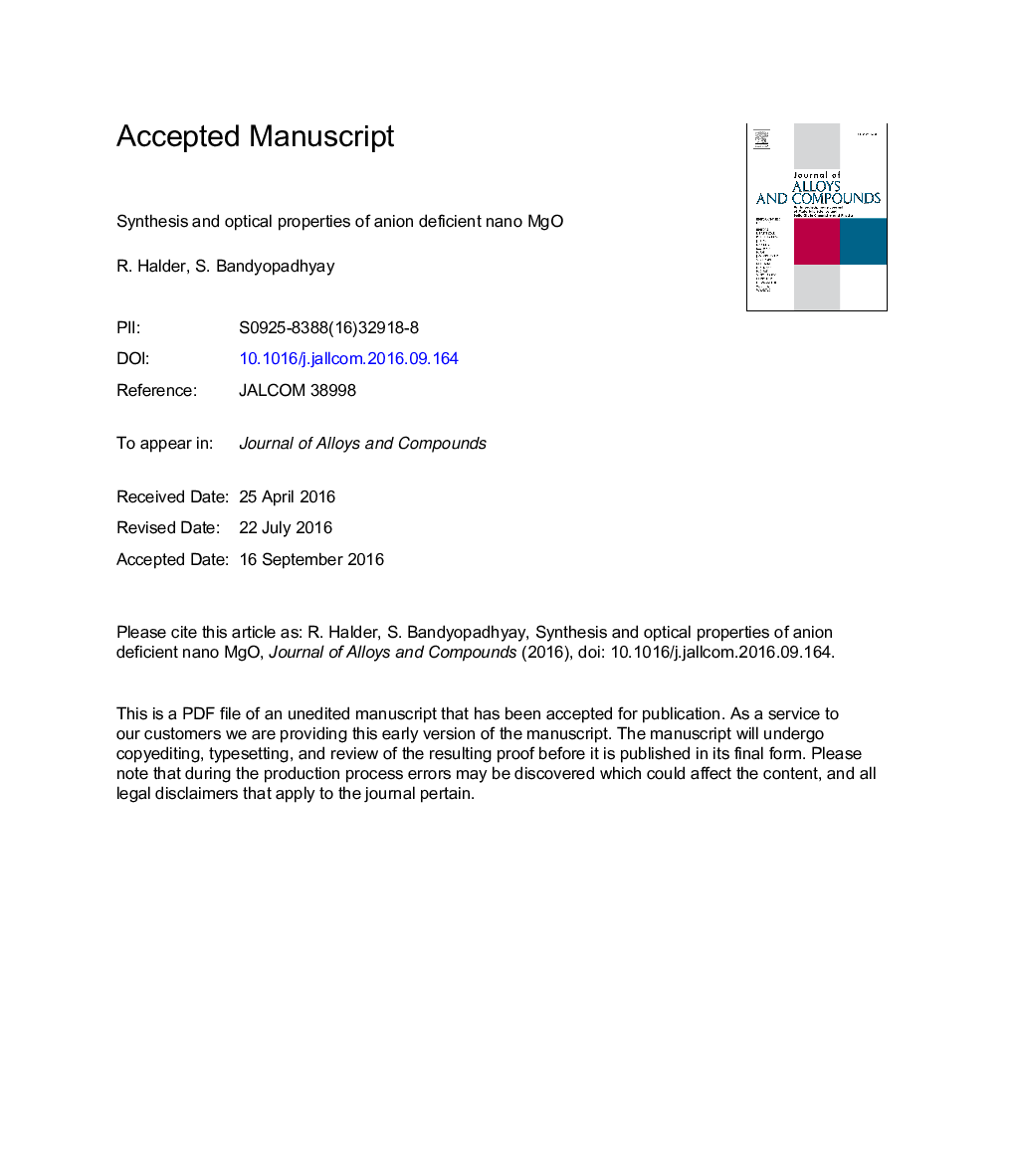 Synthesis and optical properties of anion deficient nano MgO