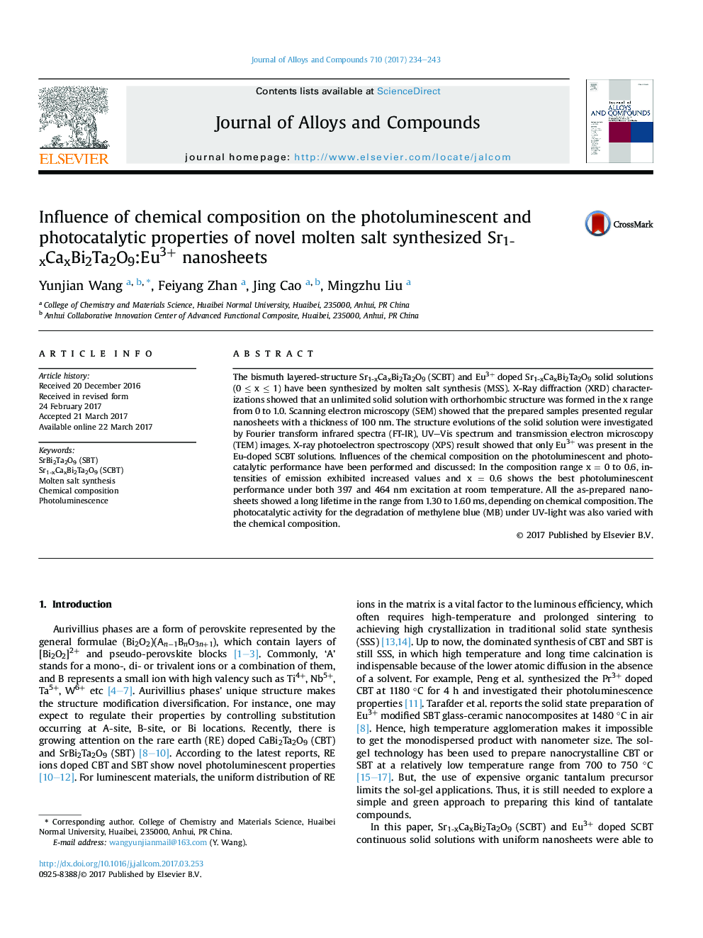 Influence of chemical composition on the photoluminescent and photocatalytic properties of novel molten salt synthesized Sr1-xCaxBi2Ta2O9:Eu3+ nanosheets