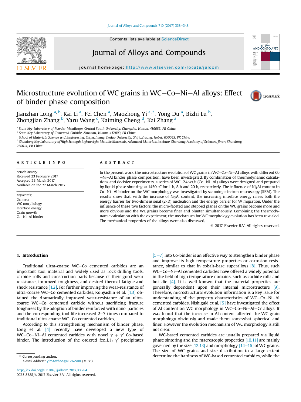 عکس صفحه اول مقاله: Microstructure evolution of WC grains in WC-Co-Ni-Al alloys: Effect of binder phase composition Microstructure evolution of WC grains in WC-Co-Ni-Al alloys: Effect of binder phase composition
