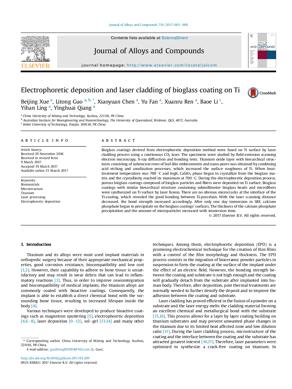 Electrophoretic deposition and laser cladding of bioglass coating on Ti