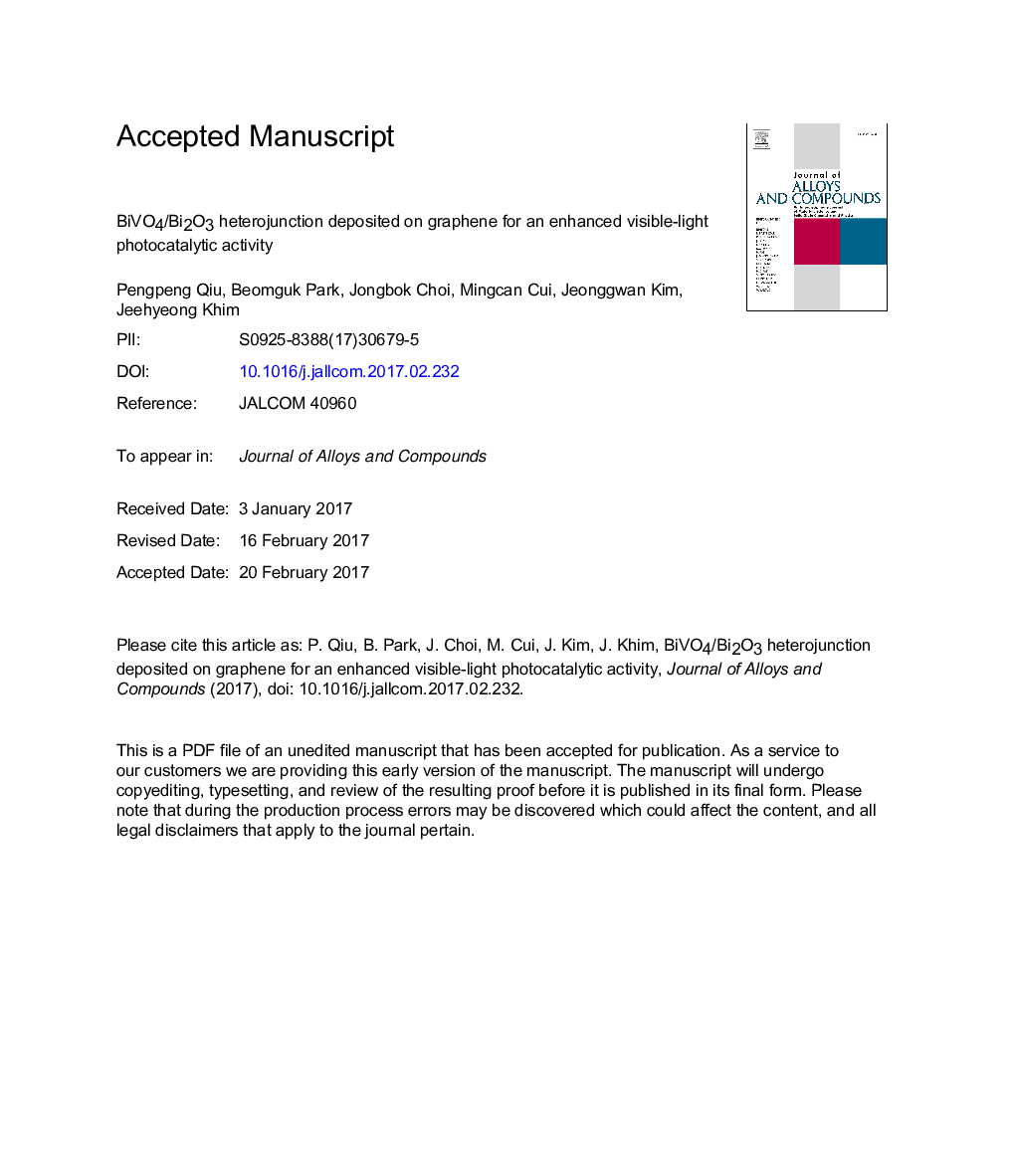BiVO4/Bi2O3 heterojunction deposited on graphene for an enhanced visible-light photocatalytic activity