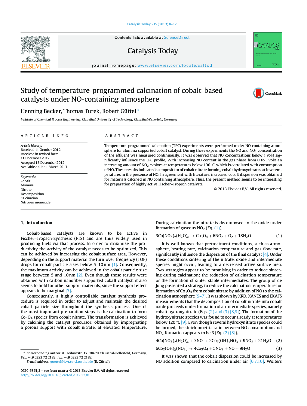 Study of temperature-programmed calcination of cobalt-based catalysts under NO-containing atmosphere