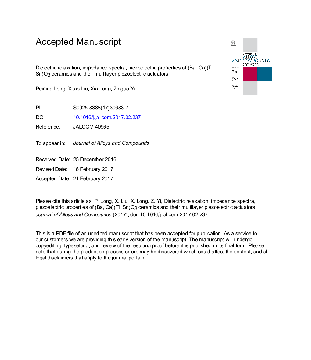 Dielectric relaxation, impedance spectra, piezoelectric properties of (Ba, Ca)(Ti, Sn)O3 ceramics and their multilayer piezoelectric actuators