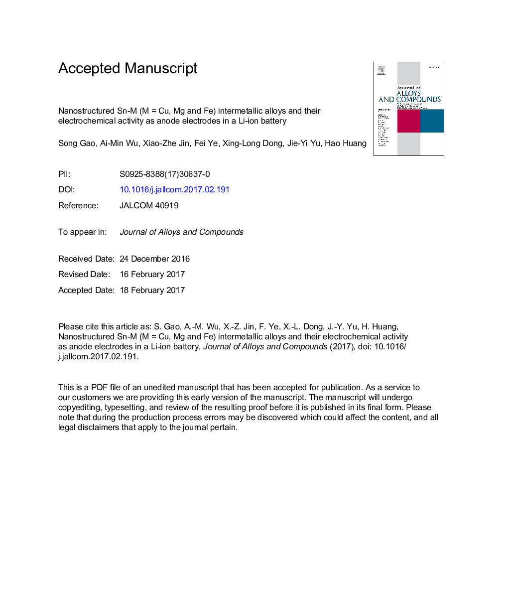 Nanostructured Sn-M (MÂ =Â Cu, Mg and Fe) intermetallic alloys and their electrochemical activity as anode electrodes in a Li-ion battery