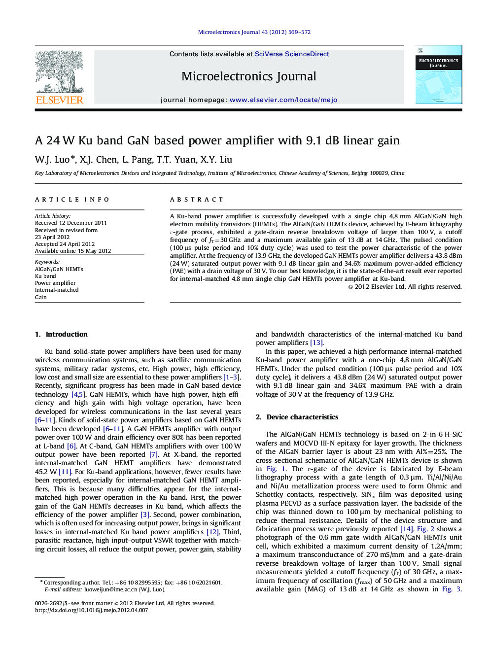 A 24 W Ku band GaN based power amplifier with 9.1 dB linear gain