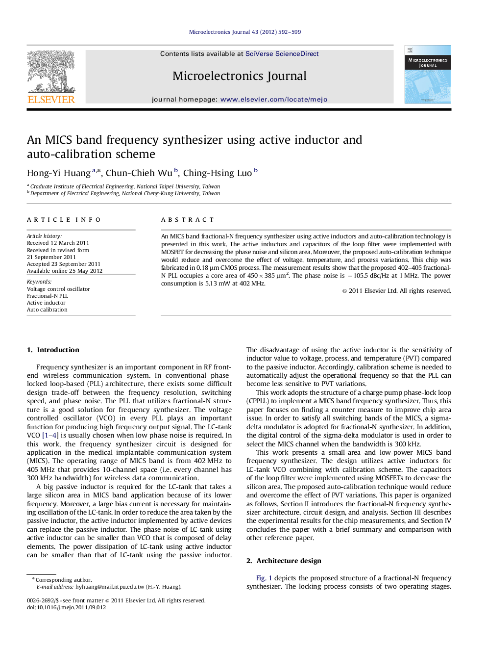 An MICS band frequency synthesizer using active inductor and auto-calibration scheme