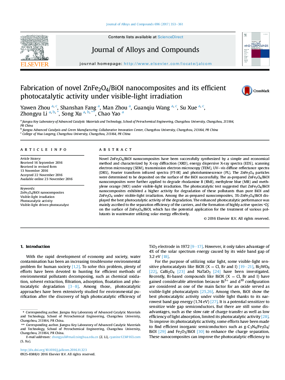 Fabrication of novel ZnFe2O4/BiOI nanocomposites and its efficient photocatalytic activity under visible-light irradiation