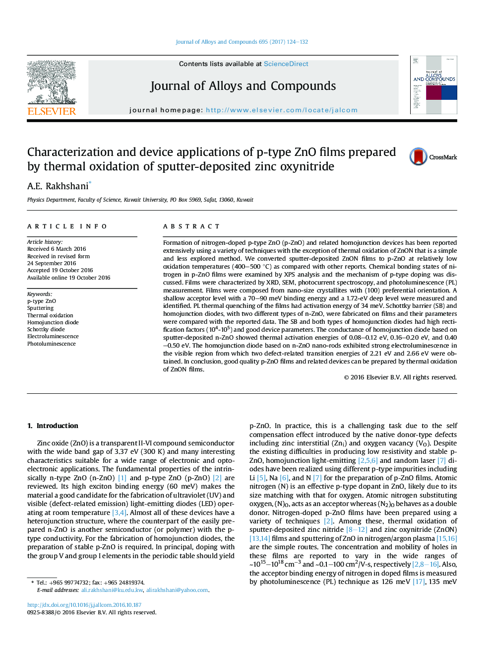 Characterization and device applications of p-type ZnO films prepared by thermal oxidation of sputter-deposited zinc oxynitride