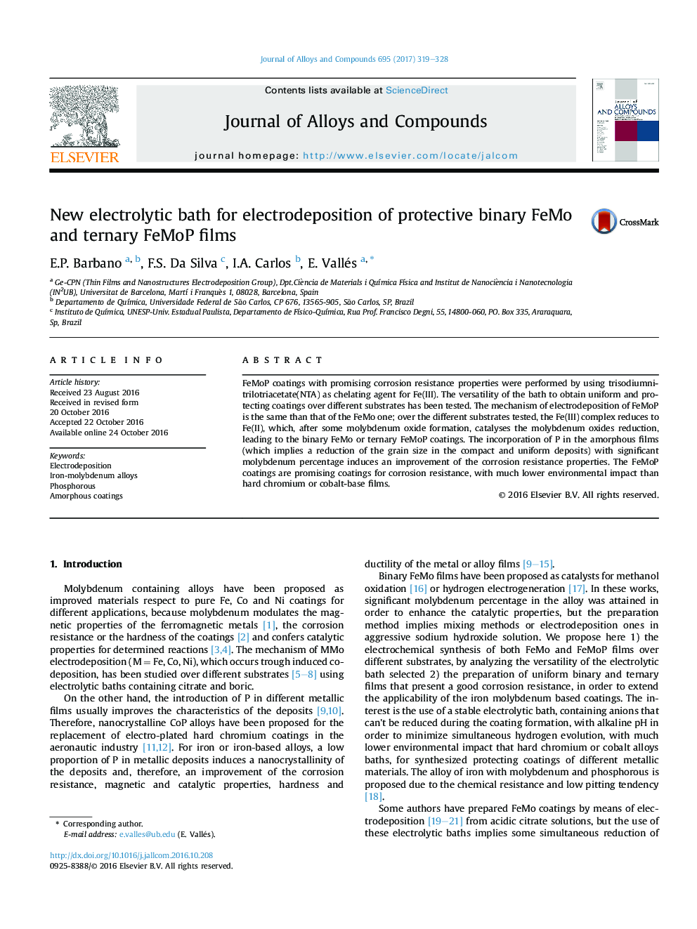 عکس صفحه اول مقاله: New electrolytic bath for electrodeposition of protective binary FeMo and ternary FeMoP films New electrolytic bath for electrodeposition of protective binary FeMo and ternary FeMoP films
