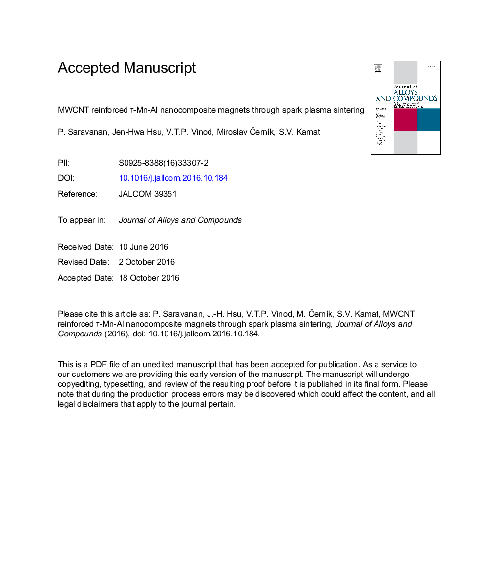 MWCNT reinforced Ï-Mn-Al nanocomposite magnets through spark plasma sintering