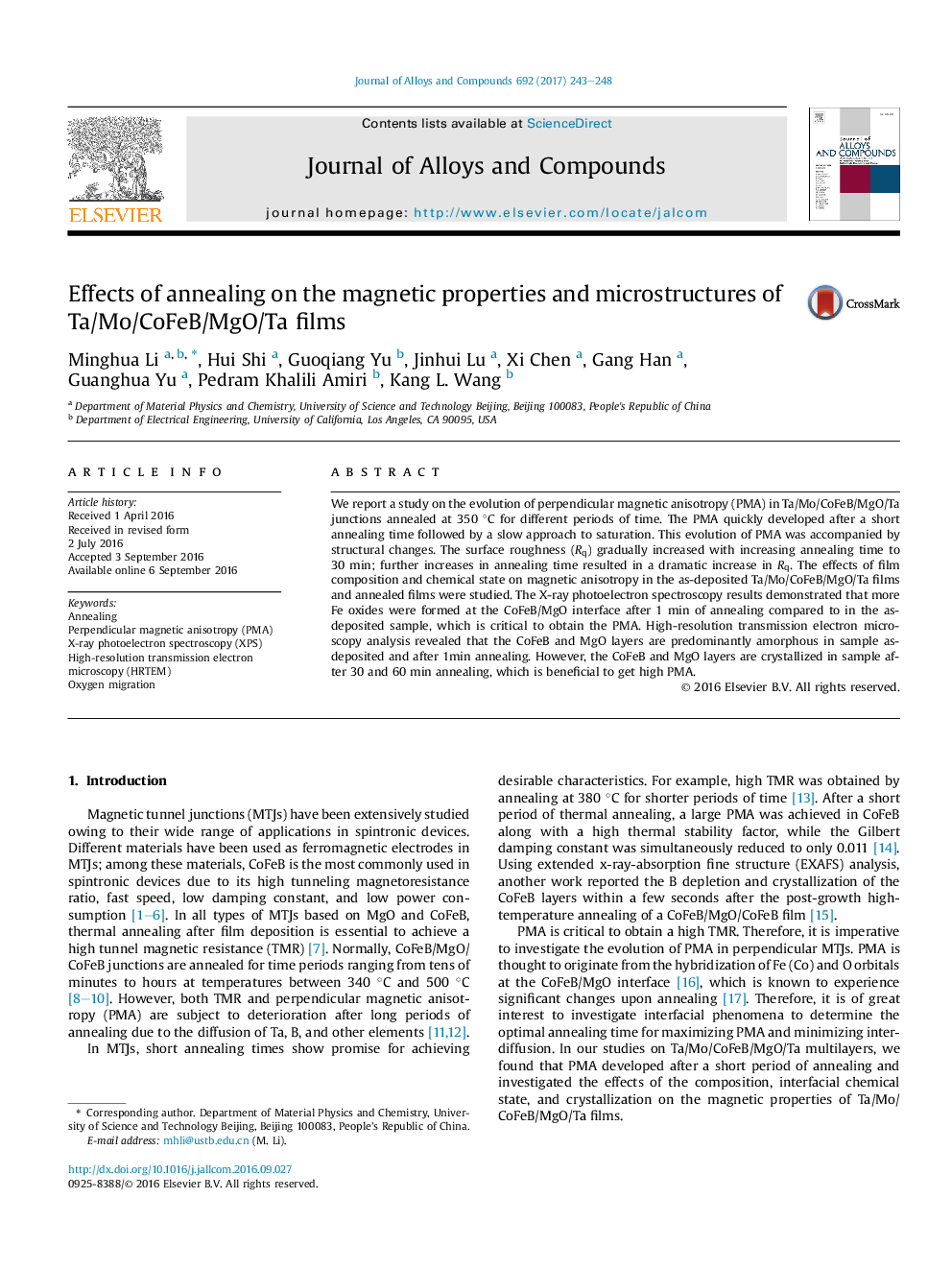 عکس صفحه اول مقاله: Effects of annealing on the magnetic properties and microstructures of Ta/Mo/CoFeB/MgO/Ta films Effects of annealing on the magnetic properties and microstructures of Ta/Mo/CoFeB/MgO/Ta films