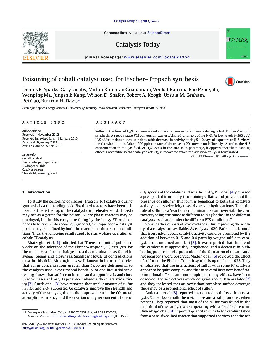 Poisoning of cobalt catalyst used for Fischer–Tropsch synthesis