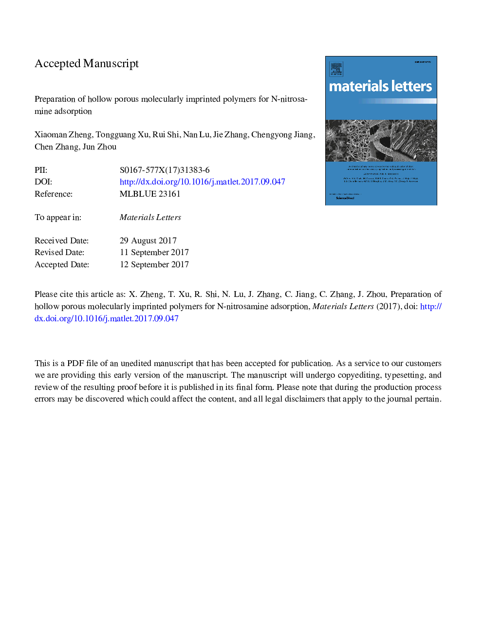 Preparation of hollow porous molecularly imprinted polymers for N-nitrosamine adsorption