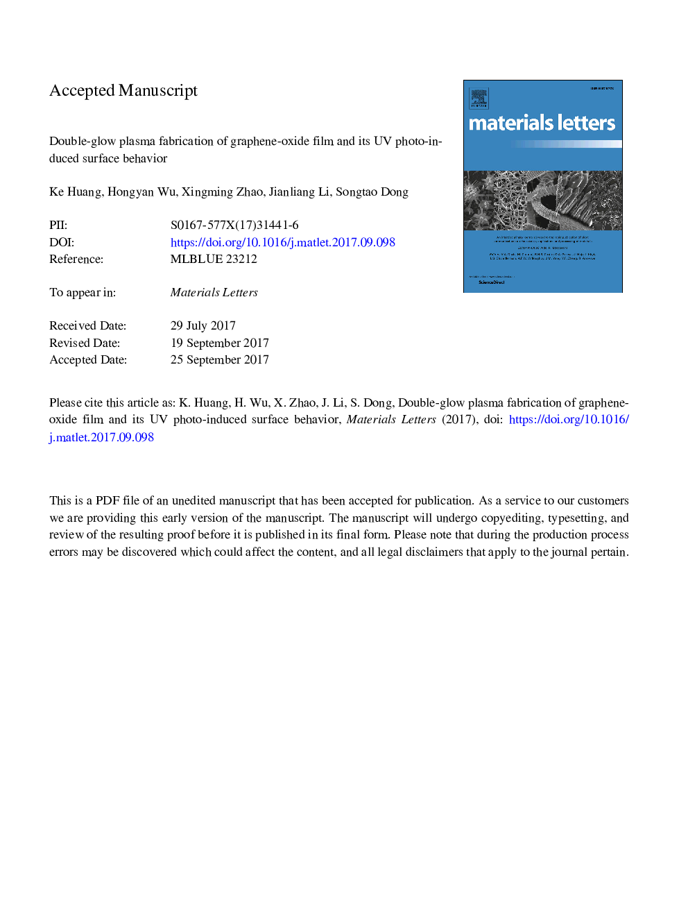 Double-glow plasma fabrication of graphene-oxide film and its UV photo-induced surface behavior