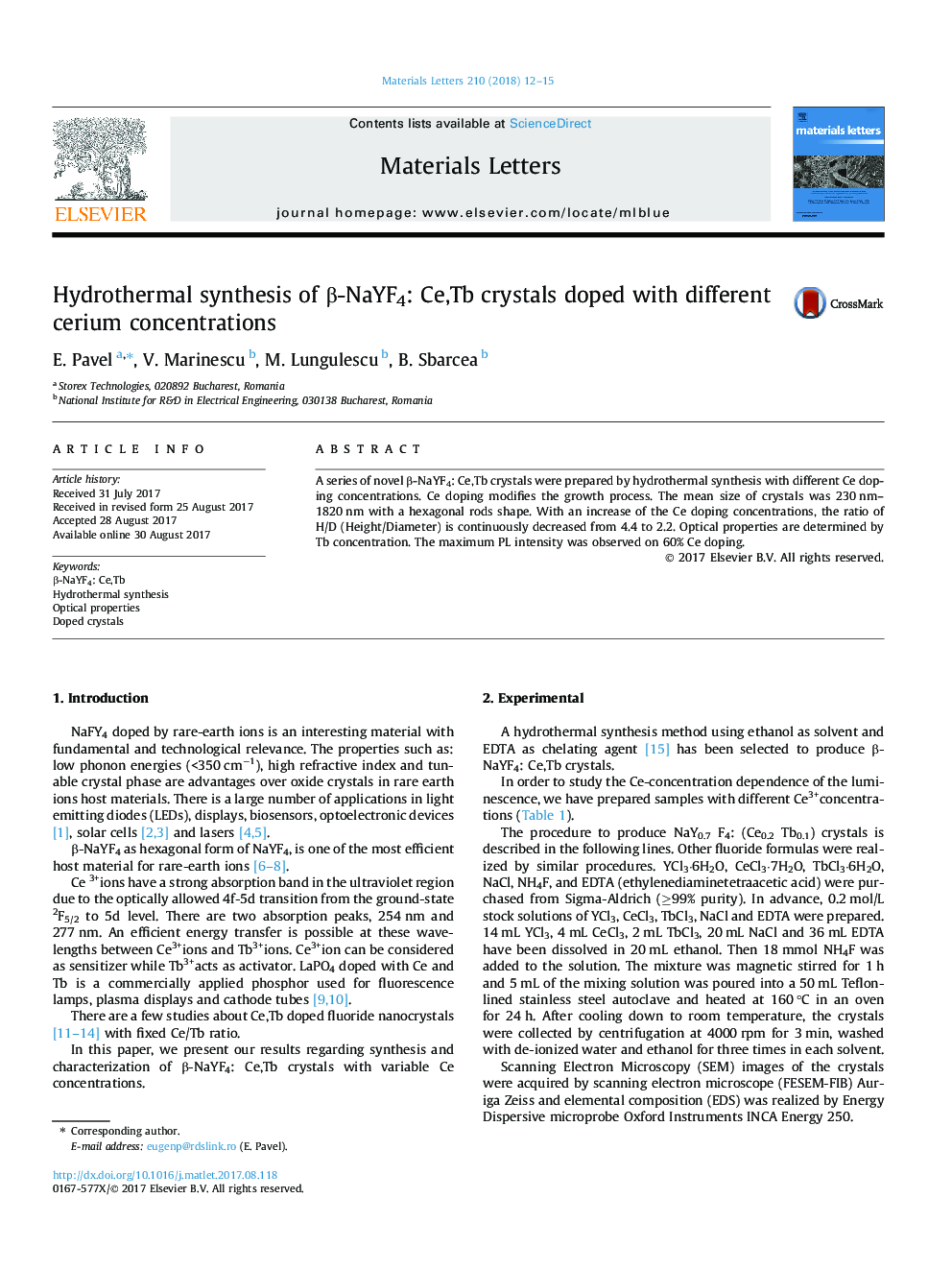 Hydrothermal synthesis of Î²-NaYF4: Ce,Tb crystals doped with different cerium concentrations