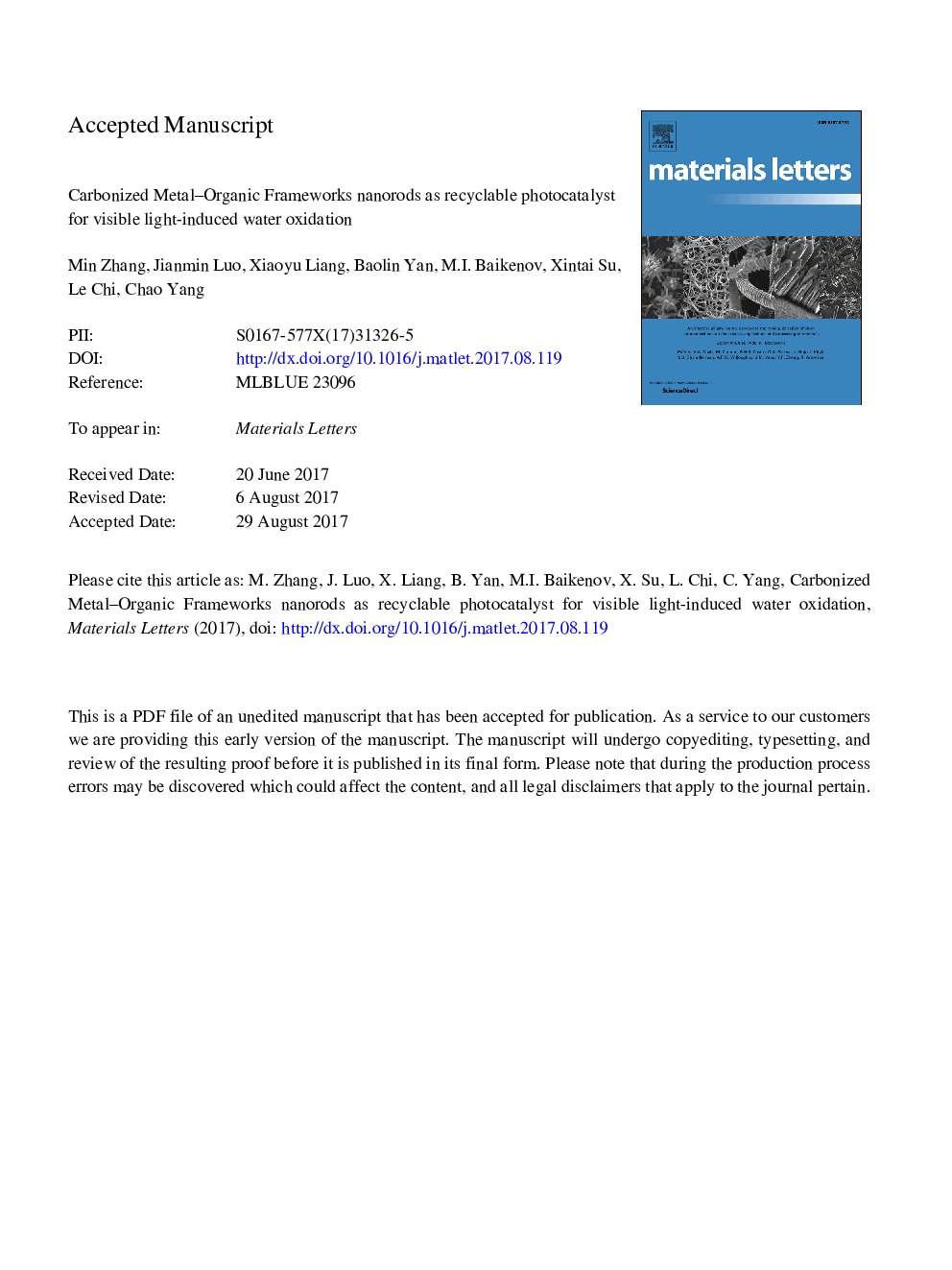 Carbonized metal-organic frameworks nanorods as recyclable photocatalyst for visible light-induced water oxidation