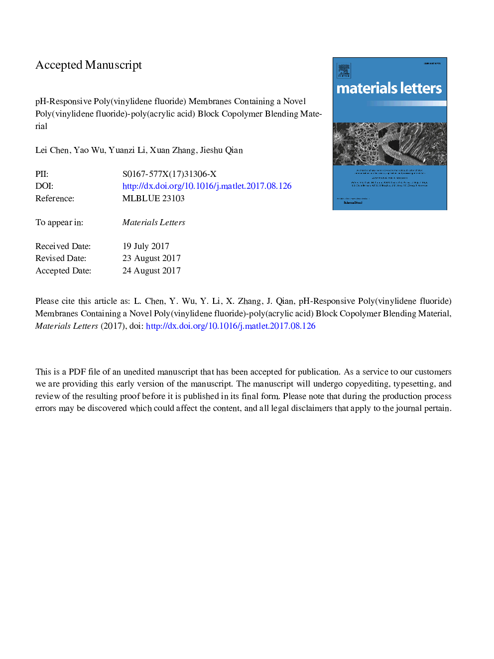 pH-responsive poly(vinylidene fluoride) membranes containing a novel poly(vinylidene fluoride)-poly(acrylic acid) block copolymer blending material