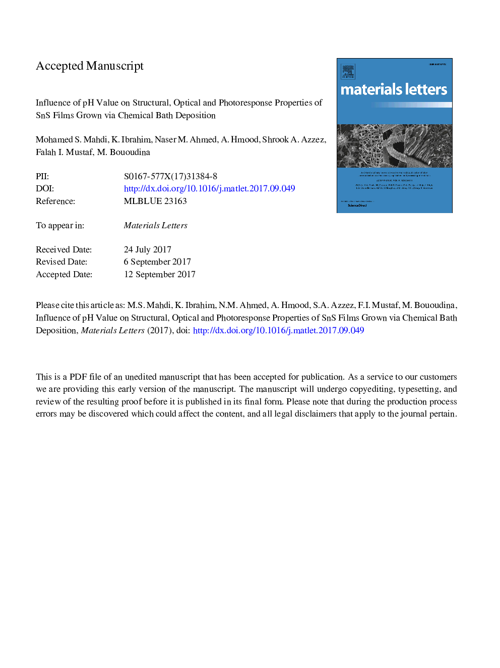 Influence of pH value on structural, optical and photoresponse properties of SnS films grown via chemical bath deposition