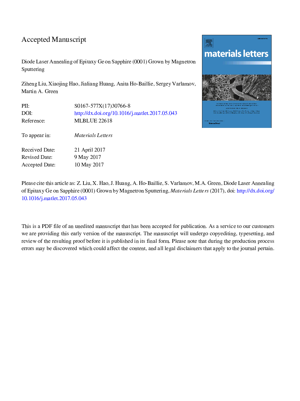 Diode laser annealing of epitaxy Ge on sapphire (0Â 0Â 0Â 1) grown by magnetron sputtering