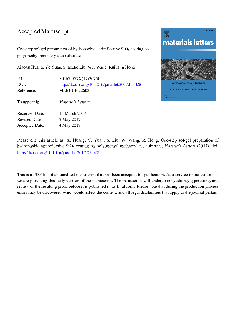 One-step sol-gel preparation of hydrophobic antireflective SiO2 coating on poly(methyl methacrylate) substrate