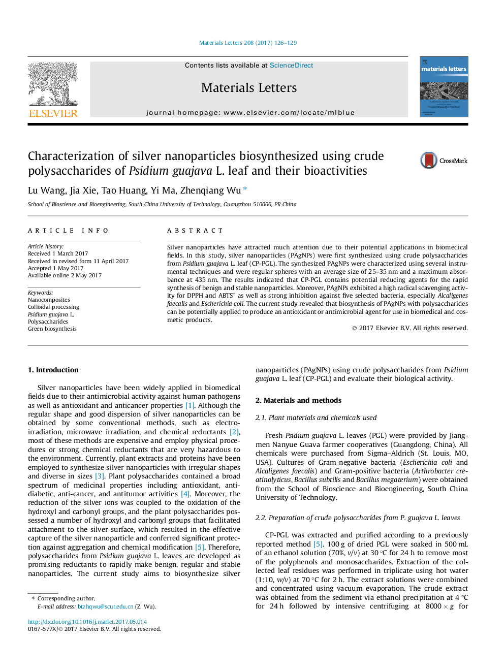 Characterization of silver nanoparticles biosynthesized using crude polysaccharides of Psidium guajava L. leaf and their bioactivities