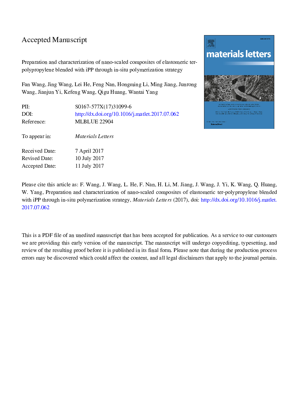 Preparation and characterization of nano-scaled composites of elastomeric ter-polypropylene blended with iPP through in-situ polymerization strategy