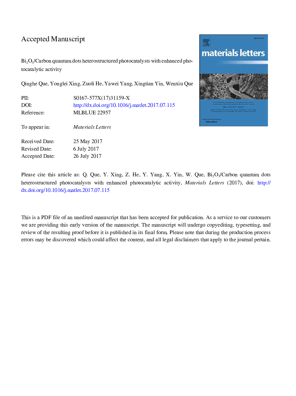 عکس صفحه اول مقاله: Bi2O3/Carbon quantum dots heterostructured photocatalysts with enhanced photocatalytic activity Bi2O3/Carbon quantum dots heterostructured photocatalysts with enhanced photocatalytic activity