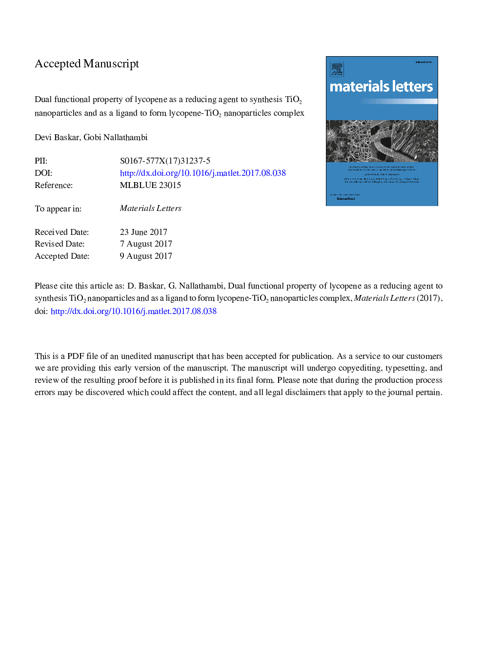 Dual functional property of lycopene as a reducing agent to synthesis TiO2 nanoparticles and as a ligand to form lycopene-TiO2 nanoparticles complex